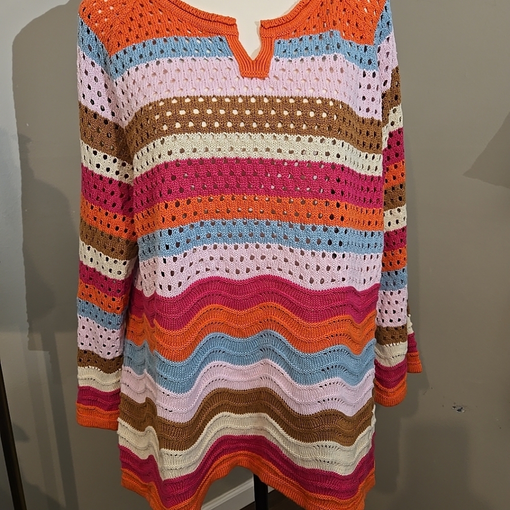 LOGO Lori Goldstein Colorful Striped Crochet Pullover Sweater/Top  Size Large
